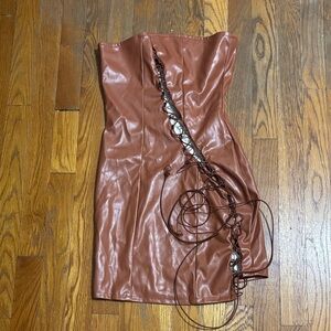 Sexy Brown Faux Leather Lace-Up Dress